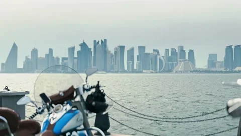 Panoramic view from old port Mina at Corniche in Doha, Qatar at sunrise with  Stock Footage 333773849