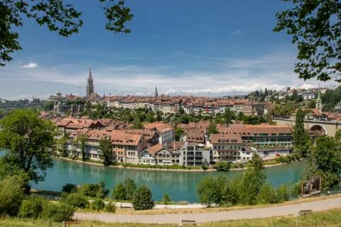 Panoramic view of the Old Town of Bern between maple tree in Switzerland. 스톡 사진