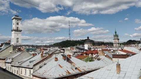 Panoramic view of old town center with city hall tower 스톡 동영상 314136676