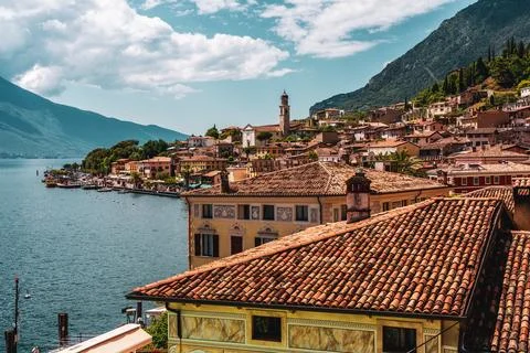 Panoramic view of the old town of Limone Sul Garda on Lake Garda in Italy. Stock Photos