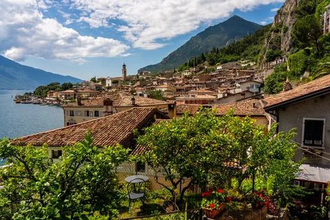 Panoramic view of the old town of Limone Sul Garda on Lake Garda in Italy. Stock Photos
