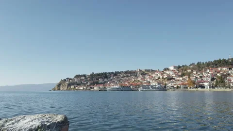 Panoramic view of old town of Ohrid with Samuel fortress and Ohrid lake, Mace Stock Footage 236958312