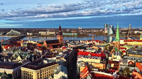 Panoramic View Of The Old Town In Riga, Latvia. Aerial Shot Stock Footage 334693377