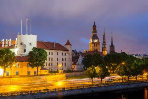 Panoramic view of Old Town of Riga (Latvia) in the evening. The view from bridge Stock Photos
