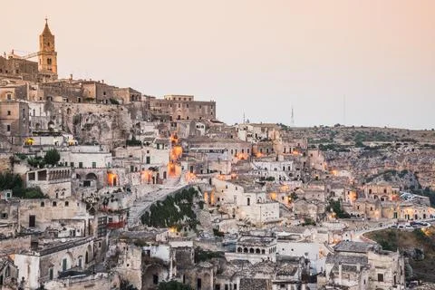 Panoramic view of old town Sassi di Matera at sunset, Basilicata, Italy. Fotos Stock