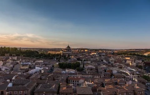Panoramic view of the old town at sunset in Toledo, Spain. Stock Photos
