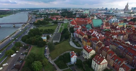 Panoramic view of Old Town Warsaw in a summer day n Poland. Aerial view. Stock Footage 84343362