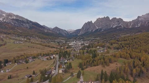 Panoramic view of Olympic-ready Cortina d'Ampezzo, Dolomites region Stock Footage 321600897