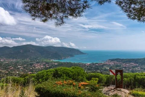 Panoramic view of one of the beaches of Elba island and a small town Stock Photos