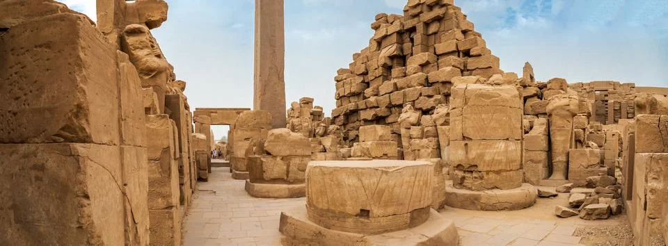 A panoramic view of an open area within the Karnak Temple complex in Luxor, E Stock Photos