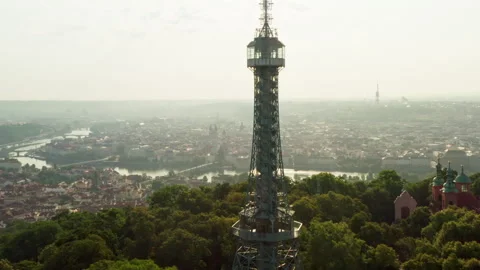 Panoramic view opens from Petrin Lookout Tower over historic Prague center Stockbeeldmateriaal 341345292