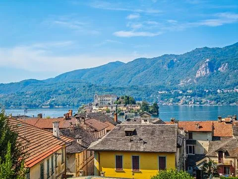 Panoramic view of Orta San Giulio on the shores of Lake Orta, Piedmont, Italy Stock Photos