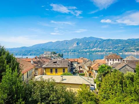 Panoramic view of Orta San Giulio on the shores of Lake Orta, Piedmont, Italy Stock Photos