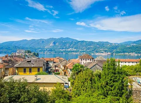 Panoramic view of Orta San Giulio on the shores of Lake Orta, Piedmont, Italy Stock Photos