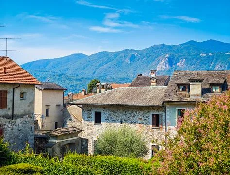 Panoramic view of Orta San Giulio on the shores of Lake Orta, Piedmont, Italy Stock Photos