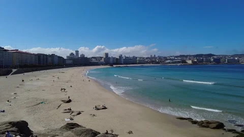 Panoramic view of Orzan beach and the city of La Coruna, in the Galicia,Spain Stock Footage 218600553