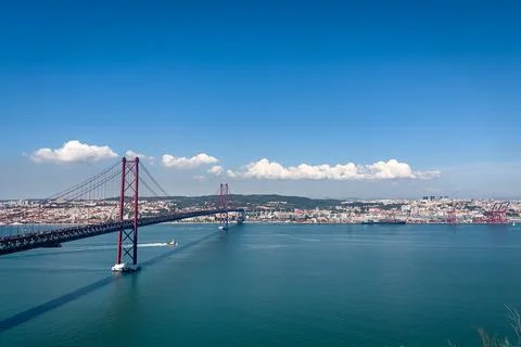 Panoramic view over the 25th april bridge in Lisbon Stock Photos