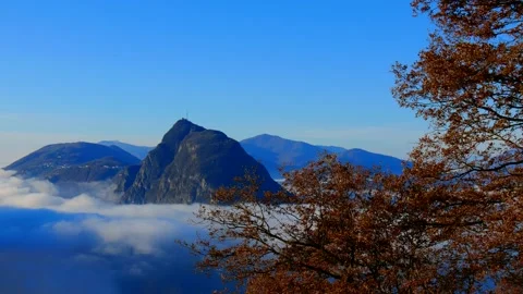 Panoramic View over Alpine Lake Lugano with Sea of Clouds and Mountain Stock-Footage 191953002