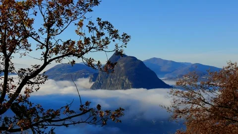 Panoramic View over Alpine Lake Lugano with Sea of Clouds and Mountain Stock Footage 191953014