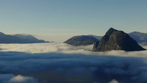 Panoramic View over Alpine Lake Lugano with Sea of Clouds and Mountain Stockbeeldmateriaal 194011646