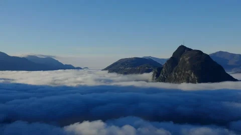 Panoramic View over Alpine Lake Lugano with Sea of Clouds and Mountain Видео 194011661