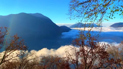 Panoramic View over Alpine Lake Lugano with Sea of Clouds and Mountain Stock-Footage 194011668