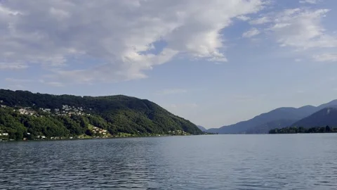 Panoramic View over Alpine Lake Lugano and Mountain in a Sunny Day Видео 247329306