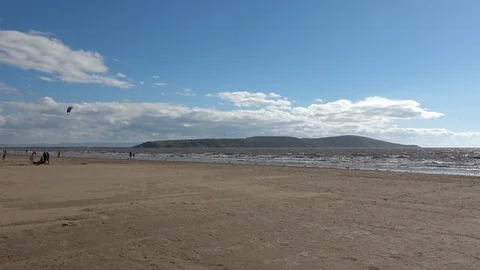 Panoramic view over beach in Weston-super-Mare, Somerset Stock Footage 111576556