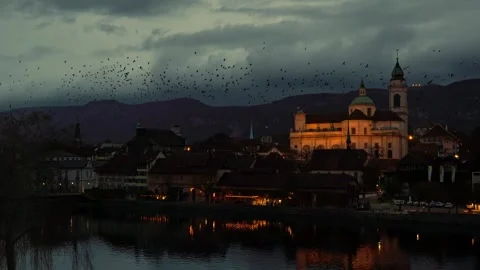 Panoramic View over the Beautiful Illuminated Baroque Old Town and River Aare Stock-Footage 292980696