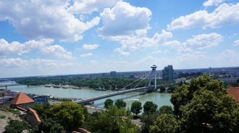 Panoramic view over Bratislava, Danube and new bridge Stock Photos