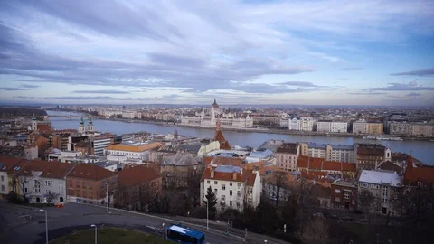 Panoramic view over Budapest and the river Danube in Hungary 4k footage. Stock Footage 100273759