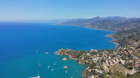 Panoramic view over Cefalu coast from Rocca di Cefalù  Stock-Footage 66360577