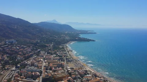 Panoramic view over Cefalu coast from Rocca di Cefalù  Stock-Footage 66360936