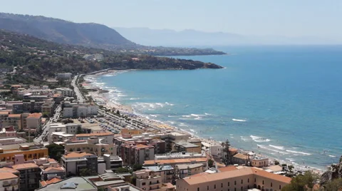 Panoramic view over Cefalu coast from Rocca di Cefalù (3) Видео 66452566