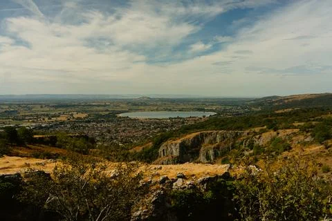 Panoramic View Over Cheddar Gorge Landscape and Reservoir Stock Photos