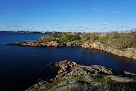 Panoramic view over deep blue baltic sea and island of Suomenlinna to Helsink Stock Photos