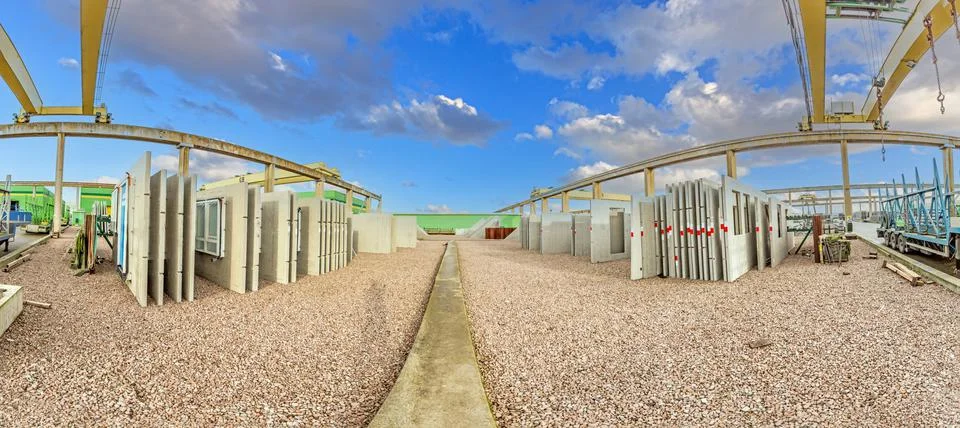 Panoramic view over an element stock in a precast concrete plant Stock Photos