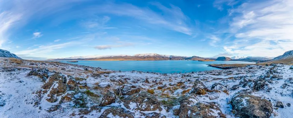 Panoramic view over empty area around Borgarnes in southern Iceland in winter Stock-Fotos