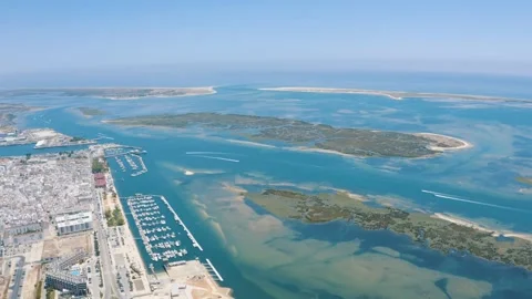 Panoramic view over  Faro district Lagoon in Portugal, Europe in the Ocean 4K Stock Footage 162957584