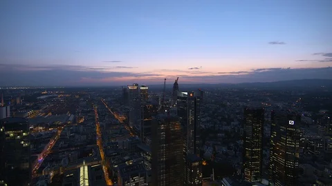 Panoramic view over the financial district of Frankfurt at sunset - pan Stock Footage 101848067
