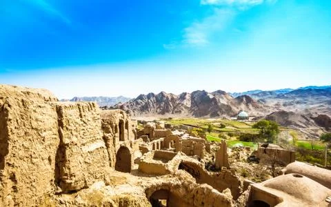 Panoramic view over ghost town of Kharanaq in Iran Stock Photos