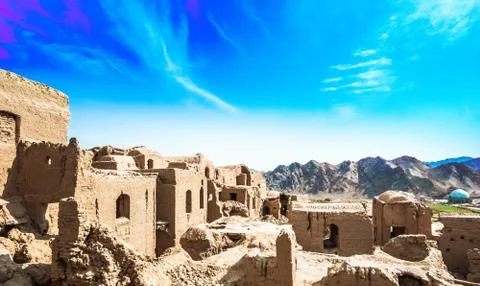 Panoramic view over ghost town of Kharanaq in Iran Stock Photos
