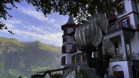 Panoramic View over Giessbach Historic Grandhotel and Lake Brienz Stock Footage 265164182