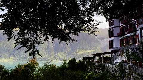 Panoramic View over Giessbach Historical Grandhotel and Lake Brienz Stock Footage 265978437