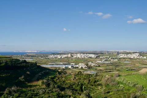 Panoramic view over the green valleys of Malta Stock Photos