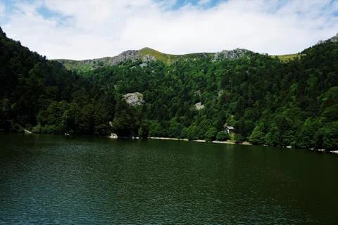 Panoramic view over the Lac de Schiessrothried in the Vosges Stock Photos