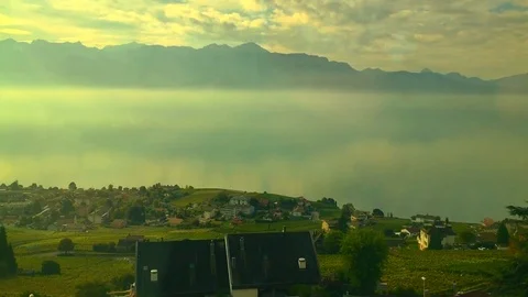 Panoramic View over Lake Geneva and Village on the Mountain 動画素材 111697838