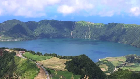 Panoramic view over Lake of Sete Cidades. Sao Miguel island, Azores, Portugal Stock Footage 328329290