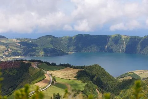 Panoramic view over Lake of Sete Cidades. Sao Miguel island, Azores, Portugal Stock Photos
