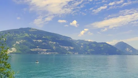 Panoramic View over Lake Thun and Mountain in a Sunny Summer Day Vídeos de archivo 264476274